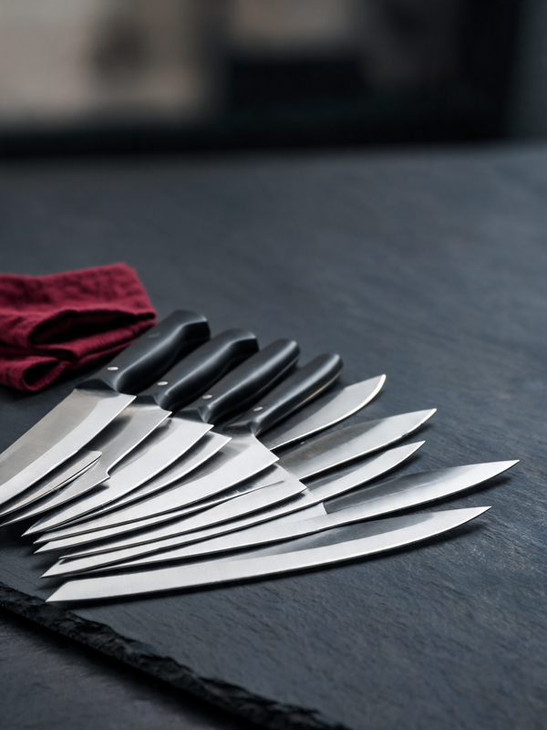 Professional Japanese knife collection on dark slate
