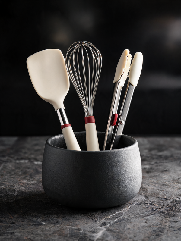 Premium kitchen tools arranged in a matte vessel