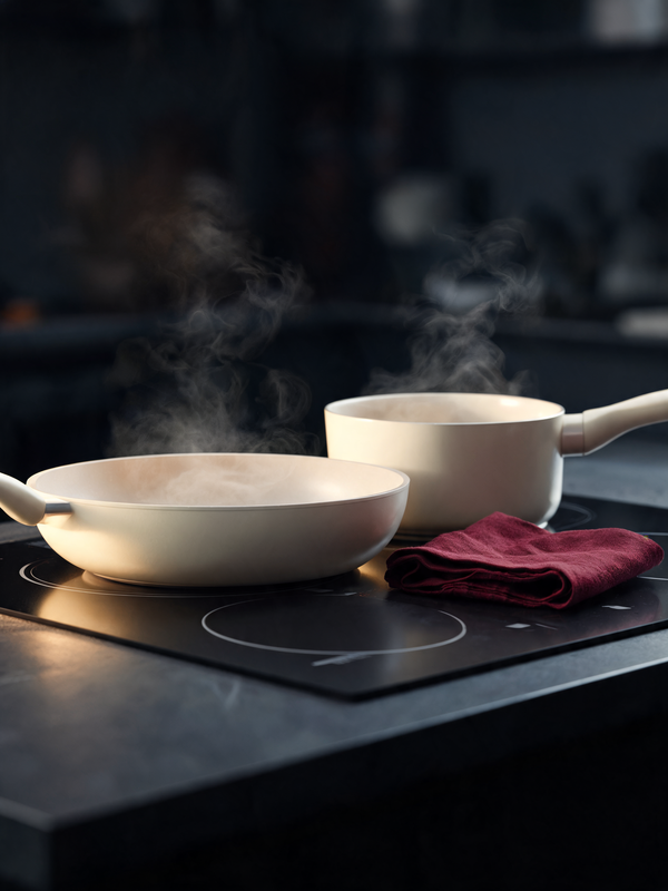 Premium non-stick cookware set on a dark surface