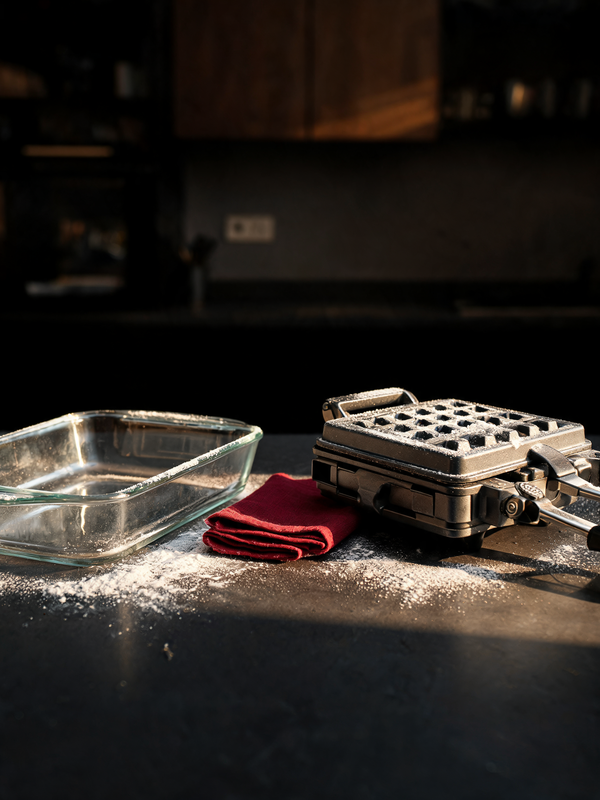 Glass baking dish and waffle press in a warm kitchen