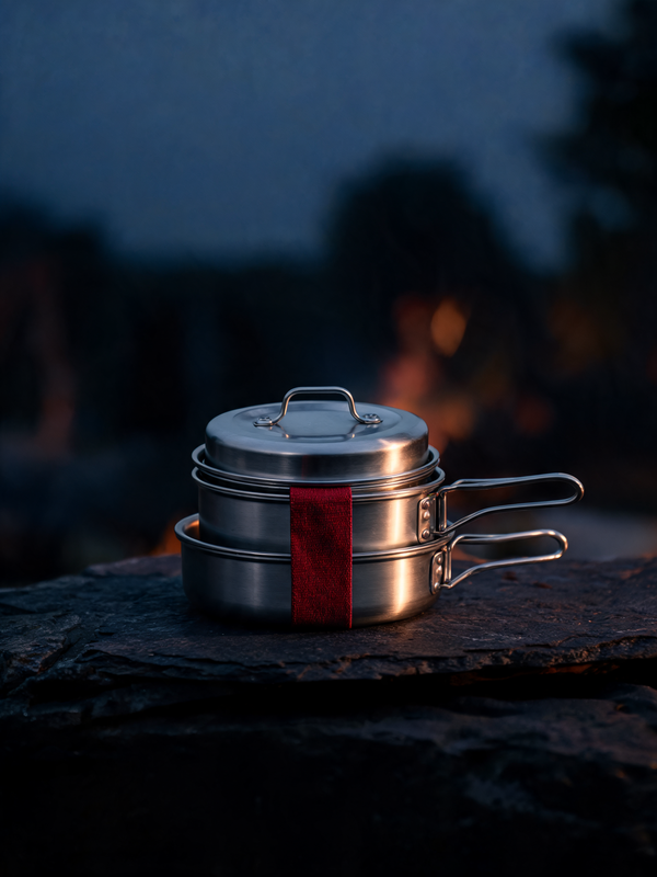 Compact camping cookware set on dark stone