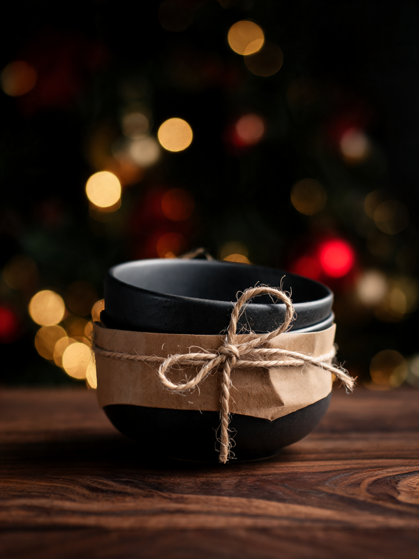 Artisan ceramic bowls wrapped as a gift with kraft paper