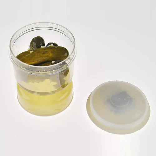 BrineKeeper Wet and Dry Pickle Jar with olives and pickles